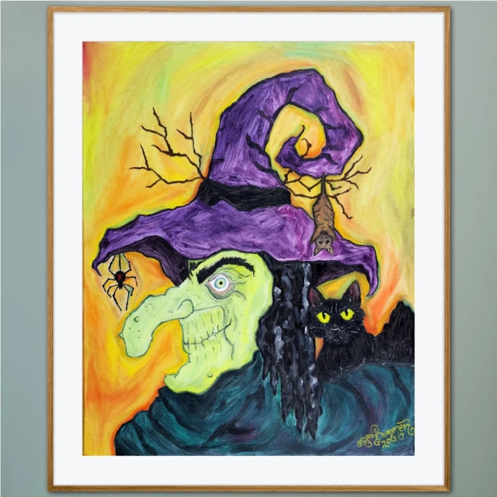Wicked Witch Art Print Oil Painting Halloween Black Cat Bat Book illustration